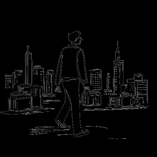 Desenho em arte linear de um homem representando Blueface, segurando uma mala, se mudando de Los Angeles para Oakland