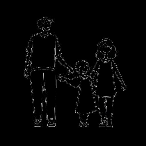 Desenho em arte linear de um homem representando Blueface, de mãos dadas com uma mulher e três crianças