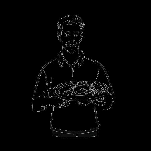 Desenho em arte linear de um homem representando Blueface, segurando um prato de comida