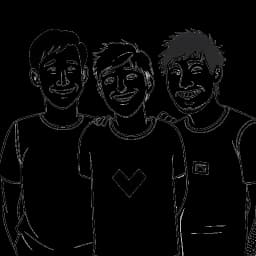 Strichzeichnung von Max Kran Kraft (KranCrafter), Luca, Dave und Jakob, die eng zusammenstehen, sich mit ihren Armen umschlingen und breit lächeln. Im Hintergrund sind YouTube-Logos und eine deutsche Flagge zu sehen, alles gegen einen weißen Hintergrund.