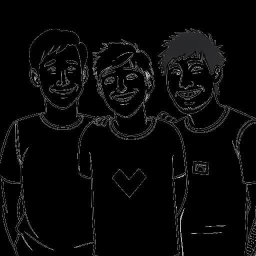 Strichzeichnung von Max Kran Kraft (KranCrafter), Luca, Dave und Jakob, die eng zusammenstehen, sich mit ihren Armen umschlingen und breit lächeln. Im Hintergrund sind YouTube-Logos und eine deutsche Flagge zu sehen, alles gegen einen weißen Hintergrund.