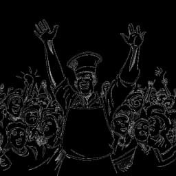 Strichzeichnung eines Kochs, der Max Kran Kraft (KranCrafter) darstellt, mit Kochmütze und Schürze, der eine Schüssel mit köstlichem Essen in der Hand hält. Im Hintergrund ist eine jubelnde Menge von Fans zu sehen, alles gegen einen weißen Hintergrund.