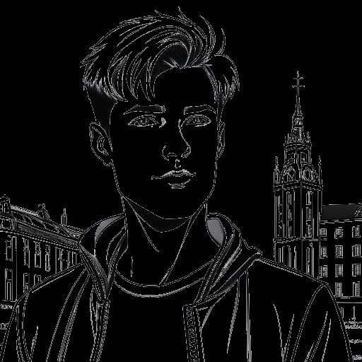 Strichzeichnung eines Mannes, der Max Kran Kraft (KranCrafter) darstellt, mit kurzen Haaren in legerer Kleidung, seine Augen zeigen Entschlossenheit. Im Hintergrund sind deutsche Wahrzeichen wie das Brandenburger Tor und der Kölner Dom zu sehen, alles gegen einen weißen Hintergrund.