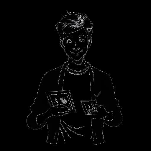 Strichzeichnung eines Mannes, der KranCrafter repräsentiert, mit kurzen Haaren in legerer Kleidung, der vor einem YouTube-Abspielknopf-Emblem steht. Er hält einen Geldstapel, der sein Vermögen symbolisiert, vor einem weißen Hintergrund.