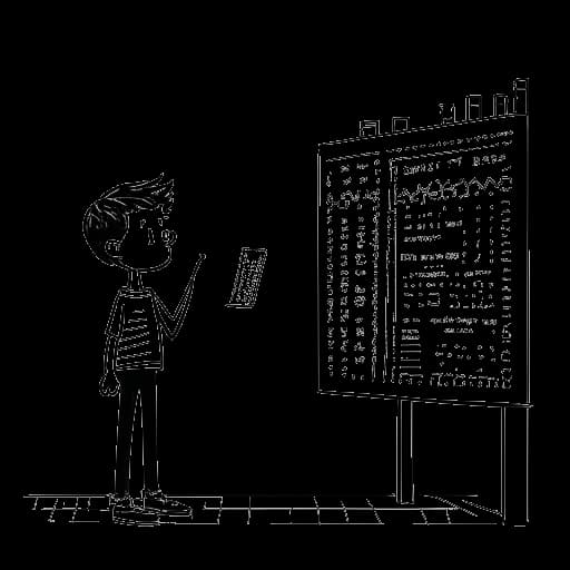 Strichzeichnung eines Mannes, der KranCrafter darstellt, blickt auf eine Minecraft-Challenge-Tafel, mit einem wachsenden Abonnentengraphen im Hintergrund, in Schwarz-Weiß.