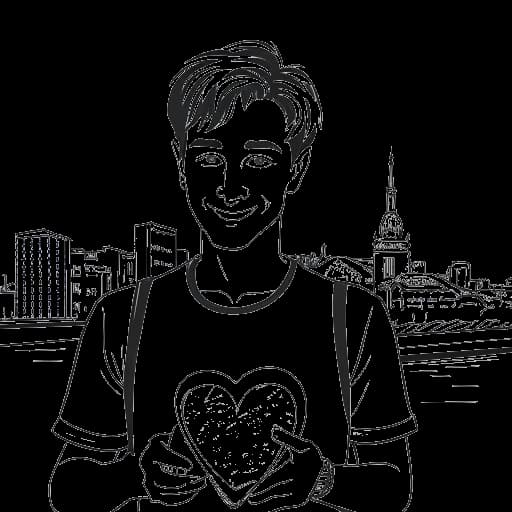 Strichzeichnung eines Mannes, der KranCrafter darstellt, hält eine herzförmige Karte von Köln, mit der Stadtsilhouette und seinem YouTube-Kanallogo im Hintergrund, in Schwarz-Weiß.