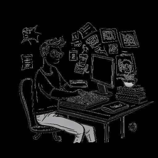 Strichzeichnung eines Mannes, der KranCrafter darstellt, steht hinter einem Schreibtisch mit vielfältigen Inhaltsideen, hält einen Computer mit der Aufschrift 'KranCrafter', in Schwarz-Weiß.