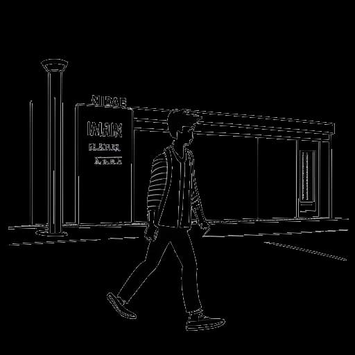 Strichzeichnung eines jungen Mannes, der KranCrafter darstellt, verlässt eine Medienmarketing-Schule und steuert auf einen YouTube-Play-Button zu, in Schwarz-Weiß.