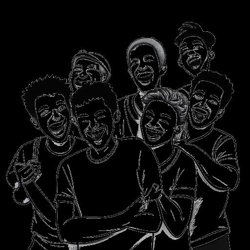 Strichzeichnung einer Gruppe von Männern, die KranCrafter, Luca, Dave und Jakob darstellen, lachen zusammen und halten jeweils einen YouTube-Play-Button mit ihren Kanalnamen, in Schwarz-Weiß.