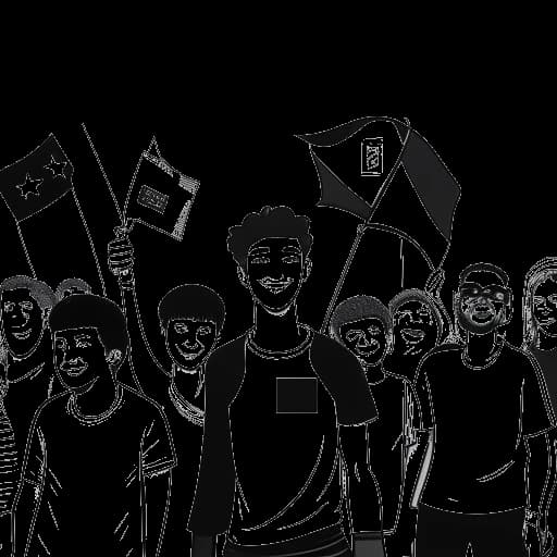 Strichzeichnung eines Mannes, der KranCrafter darstellt, hält eine deutsche Flagge, umgeben von vielfältigen Fans, die YouTube-Play-Buttons halten, in Schwarz-Weiß.