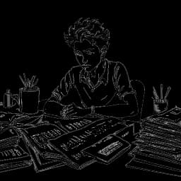 Strichzeichnung eines jungen Mannes mit unordentlichen Haaren, der an einem Schreibtisch sitzt, eifrig umgeben von Stapeln von Zeitungen und Kaffeetassen.