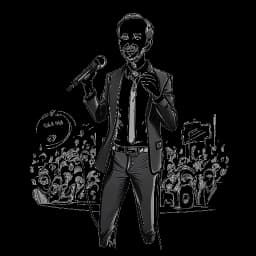 Strichzeichnung von Jan Böhmermann, der auf einer Bühne steht, ein Mikrofon haltend, umgeben von verschiedenen Medienformen (Radio, Fernsehen, Podcast), die um ihn herum schweben.