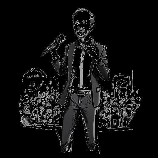 Strichzeichnung von Jan Böhmermann, der auf einer Bühne steht, ein Mikrofon haltend, umgeben von verschiedenen Medienformen (Radio, Fernsehen, Podcast), die um ihn herum schweben.