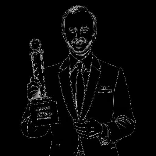 Strichzeichnung eines Mannes, der Jan Böhmermann repräsentiert, vor einem Hintergrund voller Auszeichnungen und Lob, der ein Mikrofon hält, auf dem der Text 'Verfechter sozialer Anliegen' eingraviert ist.