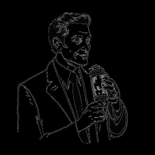 Strichzeichnung von Jan Böhmermann, der eine Cola-Dose hält, Snacks isst, mit einer Echse auf seiner Schulter