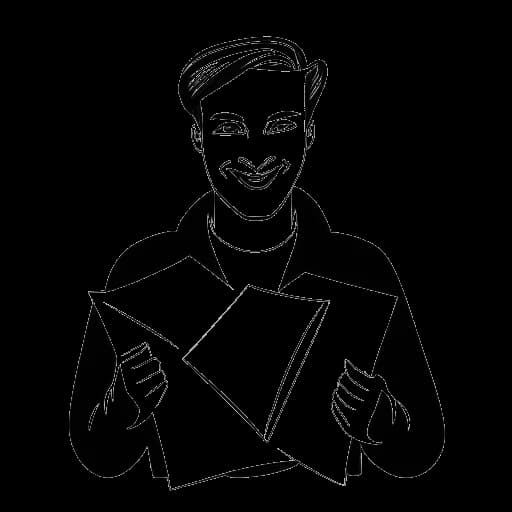 Strichzeichnung von Jan Böhmermann, der drei Umschläge hält, mit einer Theatermaske im Hintergrund