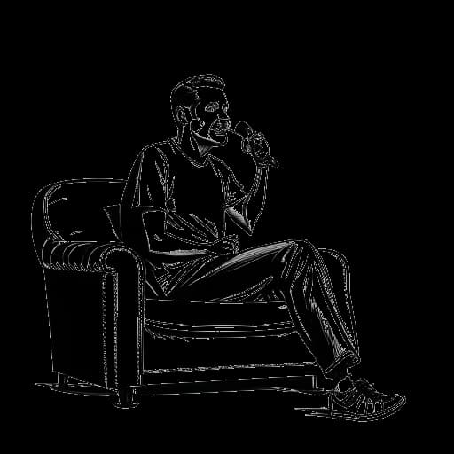 Strichzeichnung von Jan Böhmermann, der auf einer Couch sitzt, ein Mikrofon hält und im Hintergrund eine US-Flagge hat