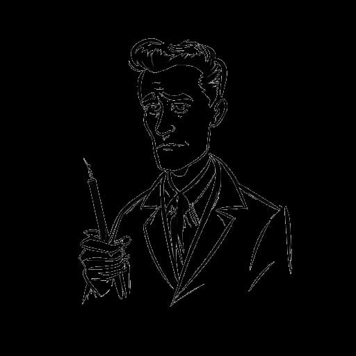 Strichzeichnung von Jan Böhmermann, der ein Notizbuch mit einer Feder in der Hand hält und ein schelmisches Grinsen im Gesicht hat