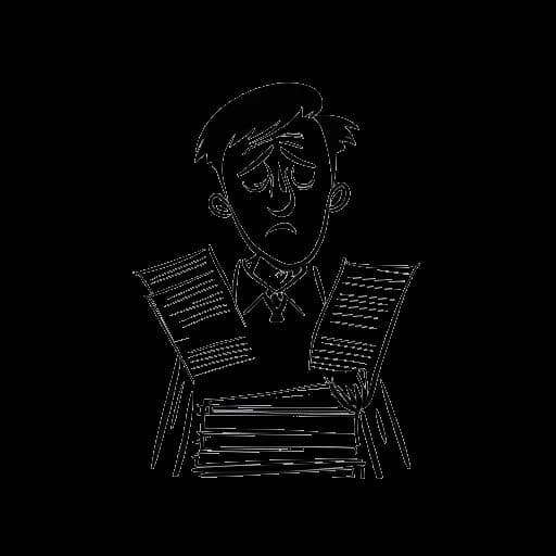 Strichzeichnung von Jan Böhmermann, mit besorgtem Blick, der einen Stapel Papiere hält