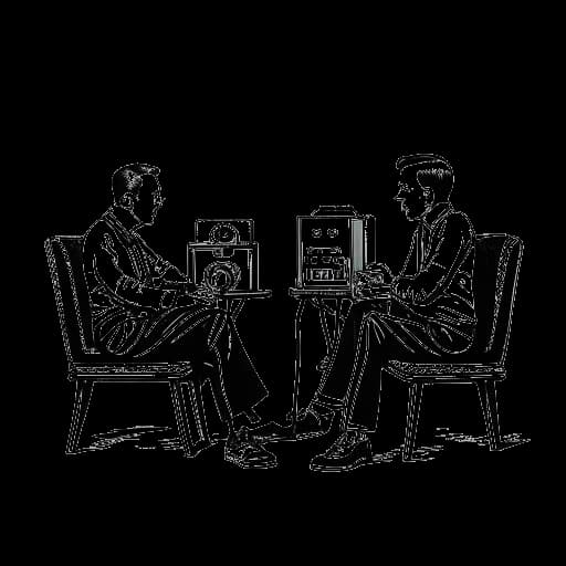 Strichzeichnung von Jan Böhmermann und Klaas Heufer-Umlauf, die auf Stühlen sitzen und sich gegenüberstehen, mit einem Vintage-Radio zwischen ihnen