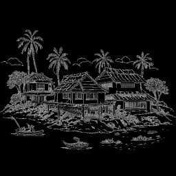 Eine einzeilige Schwarz-Weiß-Zeichnung, die die Entwicklung von Cheng Loews Reise zeigt, vom Zusammenleben mit ApeCrimes bis zum Bau eines Hauses auf der idyllischen Insel Lombok mit Sabrina.