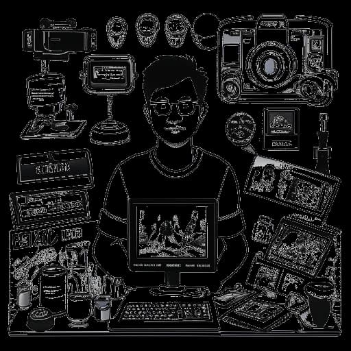 Linienzeichnung eines Mannes, der Cheng Leow repräsentiert, in seinem YouTube-Studio, umgeben von Kameras und Filmausrüstung, was seine erfolgreiche Online-Karriere symbolisiert. Auf der einen Seite befinden sich Bilder, die Markenzusammenarbeiten und -empfehlungen repräsentieren, während auf der anderen Seite Symbole für Unternehmertum wie ein Haus, eine Kamera und eine Börsentabelle gegen einen weißen Hintergrund zu sehen sind.