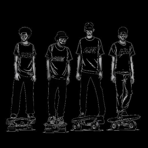 Strichzeichnung von vier Männern, die Cheng Loew, Julien Bam, Unge und Dner darstellen, die Longboards halten, mit '2014' über ihnen geschrieben