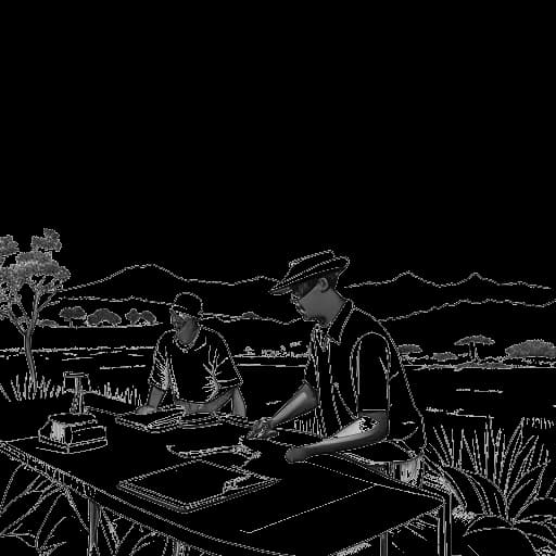 Strichzeichnung von zwei Männern, die Cheng Loew und Stephan Gerick darstellen, die gemeinsam an einem Projekt arbeiten, im Hintergrund eine afrikanische Landschaft