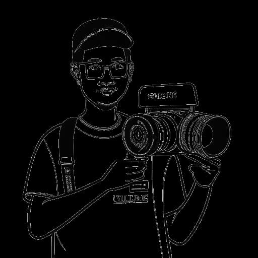 Strichzeichnung eines Mannes, der Cheng Loew darstellt, der eine Videokamera hält, auf der 'SuperAsianBrothers' und 'IWBOI' geschrieben sind