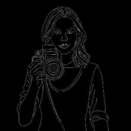Line art drawing of a woman holding a camera, representing Brittany Snow as a director, on a white background.
