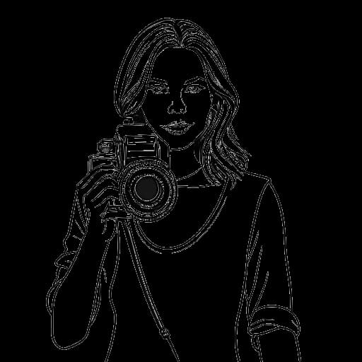 Line art drawing of a woman holding a camera, representing Brittany Snow as a director, on a white background.