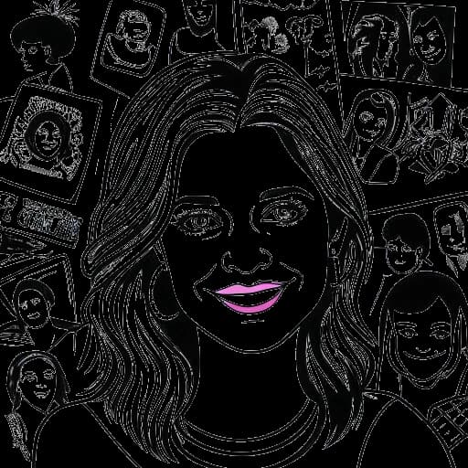 Dibujo de arte lineal de una mujer, que representa a Brittany Snow, con un cabello elegante y una sonrisa segura. A su alrededor hay elementos simbólicos que representan su carrera como actriz y directora, como una claqueta de cine, una nota musical y un corazón. Destaca su versatilidad, filantropía y éxito en la industria del entretenimiento. El dibujo está enmarcado en un fondo blanco.