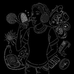 Desenho de traços de uma mulher, representando Renee Paquette, em uma pose enérgica de apresentação com um microfone. Ao seu redor, estão símbolos como um ringue de luta livre, um livro de receitas, um microfone de podcast e um capacete de futebol americano, ilustrando sua carreira multifacetada e interesses, tudo em um fundo branco.