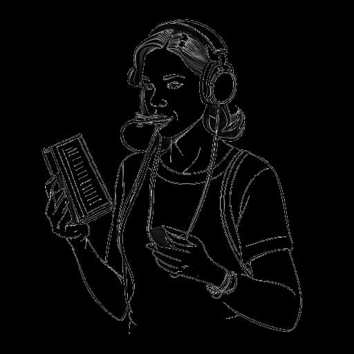 Lijntekening van een vrouw die Renee Paquette vertegenwoordigt, met koptelefoon op, een microfoon in één hand en een kookboek in de andere, omringd door worstelring touwen, tegen een witte achtergrond.