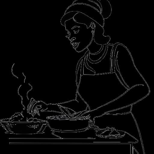 Lijntekening van een vrouw, die Renee Paquette vertegenwoordigt, die aan het koken is voor een logo van de Cincinnati Bengals.