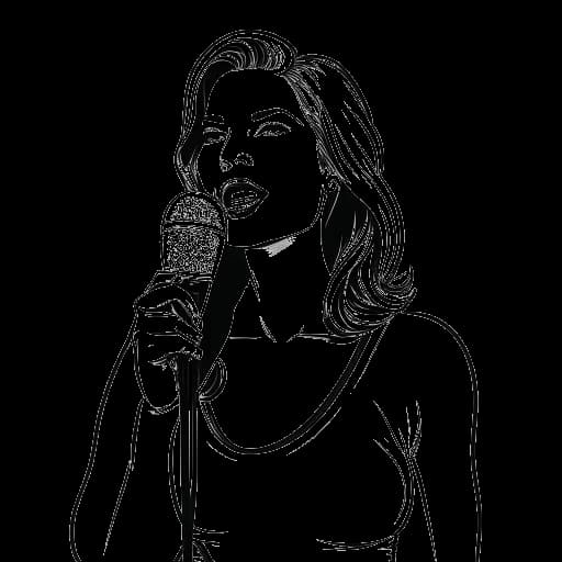 Lijntekening van een vrouw, die Renee Paquette vertegenwoordigt, die een microfoon vasthoudt voor een WWE Raw-logo.