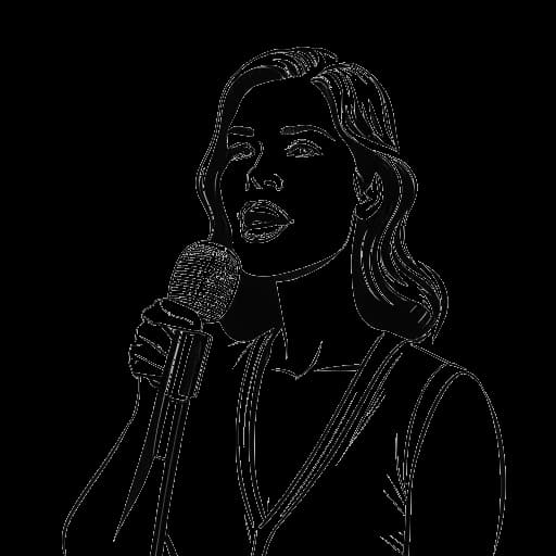 Lijntekening van een vrouw, die Renee Paquette vertegenwoordigt, die een microfoon vasthoudt voor een AEW-logo.