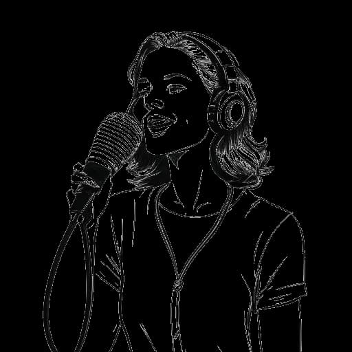 Lijntekening van een vrouw, die Renee Paquette vertegenwoordigt, die een microfoon vasthoudt in een opnamestudio.