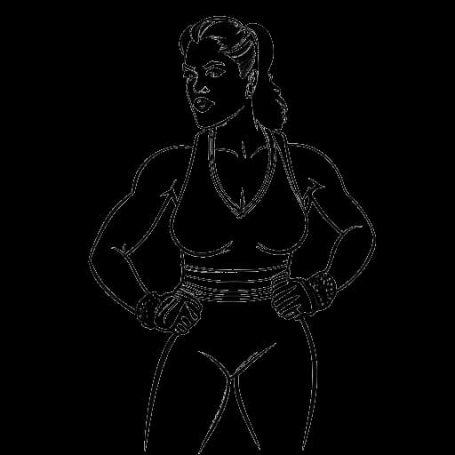 Lijntekening van een vrouw, die Renee Paquette vertegenwoordigt, in worsteloutfit in een worstelring.