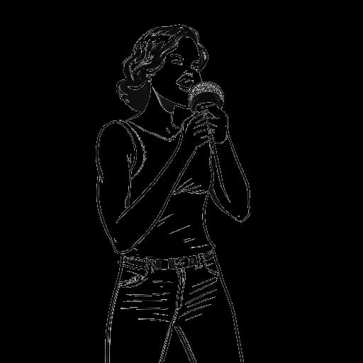 Lijntekening van een vrouw, die Renee Paquette vertegenwoordigt, die een microfoon vasthoudt in een worstelring.