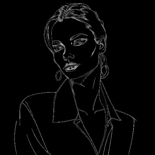 Dibujo artístico de Anna-Maria Sieklucka como una modelo elegante y con estilo, irradiando carisma y elegancia, representada en blanco y negro sobre un fondo blanco.