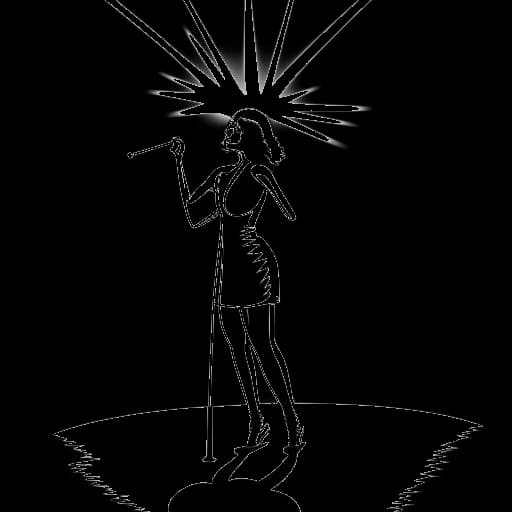 Disegno in stile line art di Anna-Maria Sieklucka che si esibisce sul palco, rappresentando l'inizio della sua carriera di attrice a teatro.