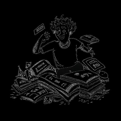 Strichzeichnung eines Mannes, der SsethTzeentach darstellt, deutscher Aschkenase jüdischer Abstammung, der sich als 'Manchild' bezeichnet. Er ist von Charakter-Körperkissen und Immunologie-Lehrbüchern umgeben, verkörpert eine Mischung aus dunklem Humor und Unbeschwertheit. Die Szene ist in Schwarz-Weiß auf weißem Hintergrund festgehalten.
