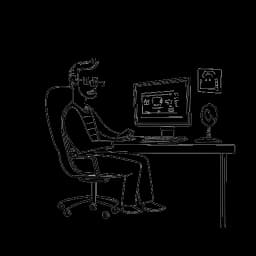 Strichzeichnung eines Mannes, der SsethTzeentach repräsentiert, mit fröhlichem Gesichtsausdruck, als er 2019 aus einem medizinischen Büro ausscheidet. Im Hintergrund zeigt ein Computerbildschirm YouTube-Analytik, und ein Stethoskop hängt am Stuhl. Die Szene ist in Schwarz-Weiß auf weißem Hintergrund festgehalten.