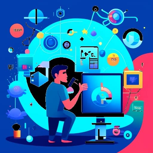 Un uomo che rappresenta SsethTzeentach, mostrando le sue fonti di reddito come video di YouTube, collaborazioni con marchi e partnership di merchandise, in primo piano con giochi iconici e un microscopio che simboleggia il suo background accademico in Immunologia.