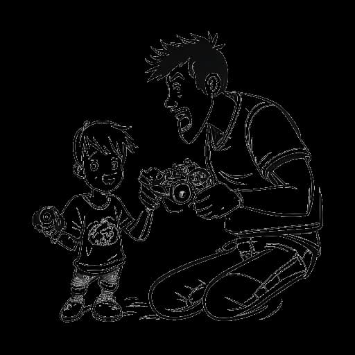Disegno in bianco e nero di un uomo che rappresenta SsethTzeentach, tiene un game controller, con un personaggio di un videogioco che attacca un personaggio simile a un bambino su sfondo bianco