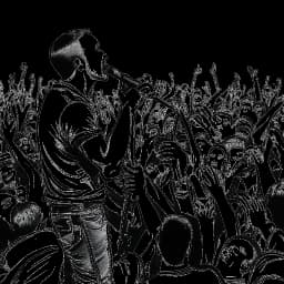 Dibujo de línea de un hombre actuando en el escenario, que representa a Chester Bennington, sosteniendo un micrófono. Está rodeado por una multitud de fanáticos entusiastas.