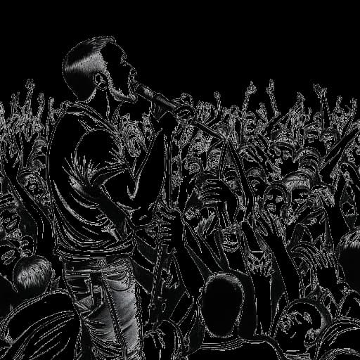 Dibujo de línea de un hombre actuando en el escenario, que representa a Chester Bennington, sosteniendo un micrófono. Está rodeado por una multitud de fanáticos entusiastas.