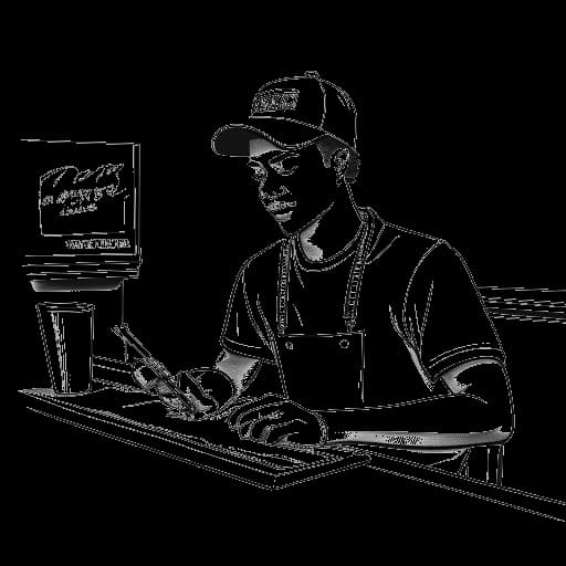 Lijntekening van een jonge Chester Bennington die werkt bij een fastfoodbalie, gekleed in een Burger King-uniform, met een schetsboek met grafische ontwerpen zichtbaar naast hem.