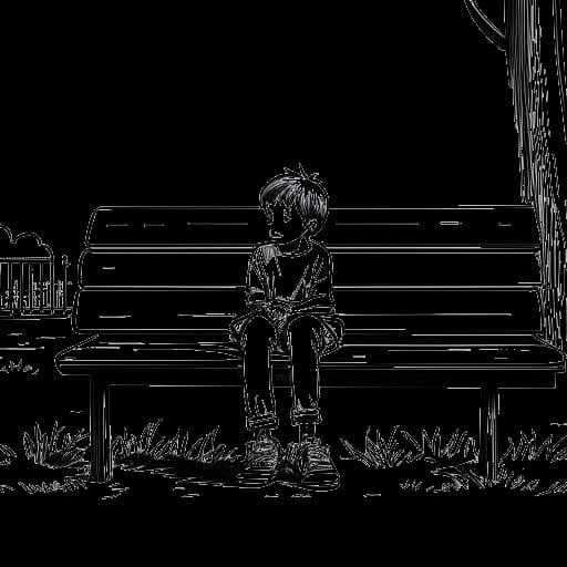 Lijntekening van een jonge Chester Bennington, met een verdrietige uitdrukking, alleen zittend op een bank, wat zijn strijd tijdens zijn kindertijd vertegenwoordigt.